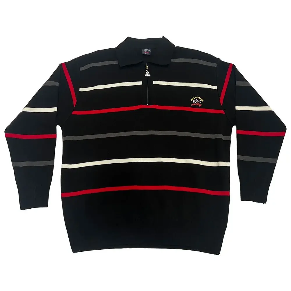 Paul & Shark Yachting Mens XXL Black Striped Quarter Zip Cotton Sweater Italy